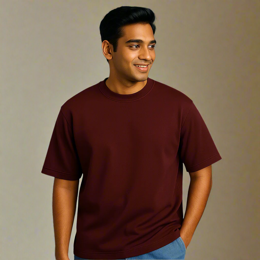 Man wearing a maroon t-shirt against a gray background