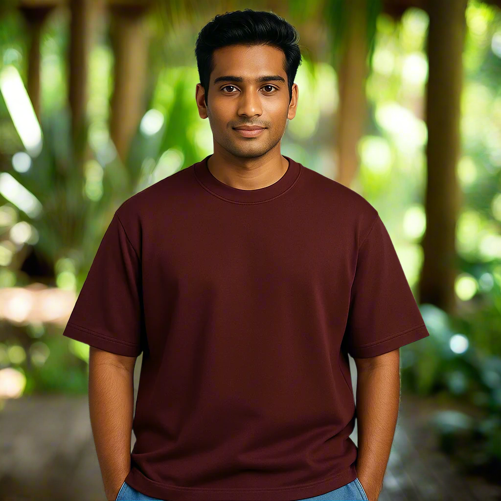 Man wearing a maroon t-shirt against a gray background