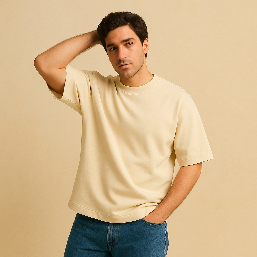Man wearing a beige t-shirt and blue jeans against a beige background