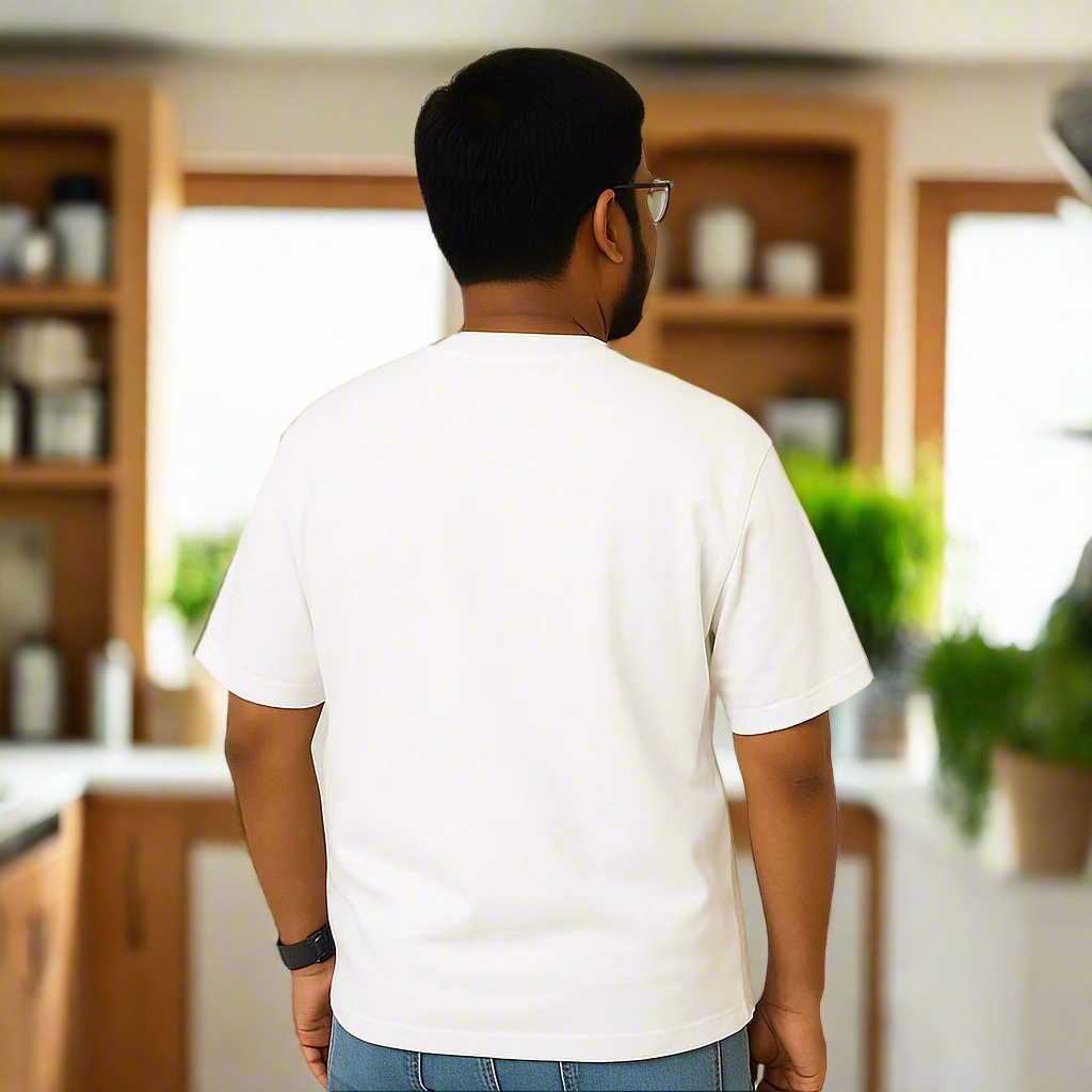 Person wearing a plain white t-shirt against a neutral background