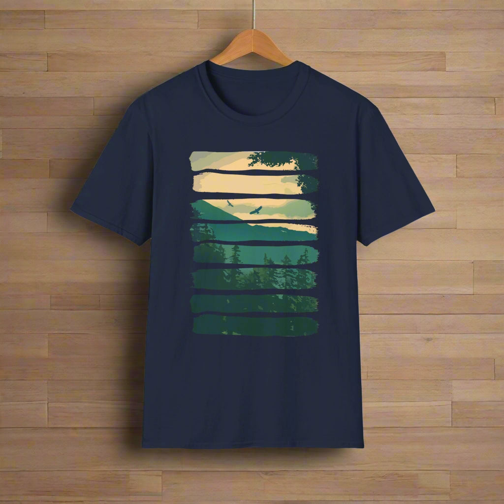 Navy blue t-shirt with a forest design on a white background