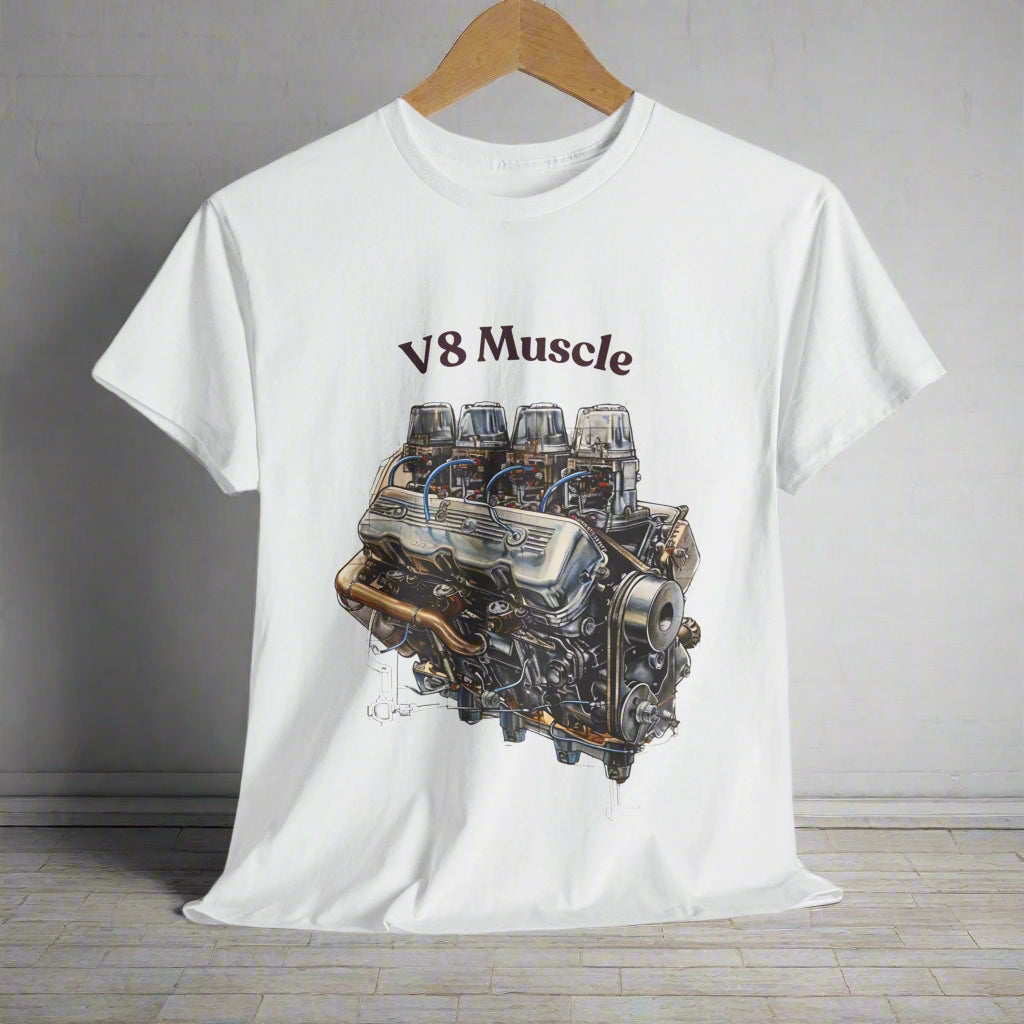 White t-shirt with a V8 engine graphic and 'V8 Muscle' text on a white background