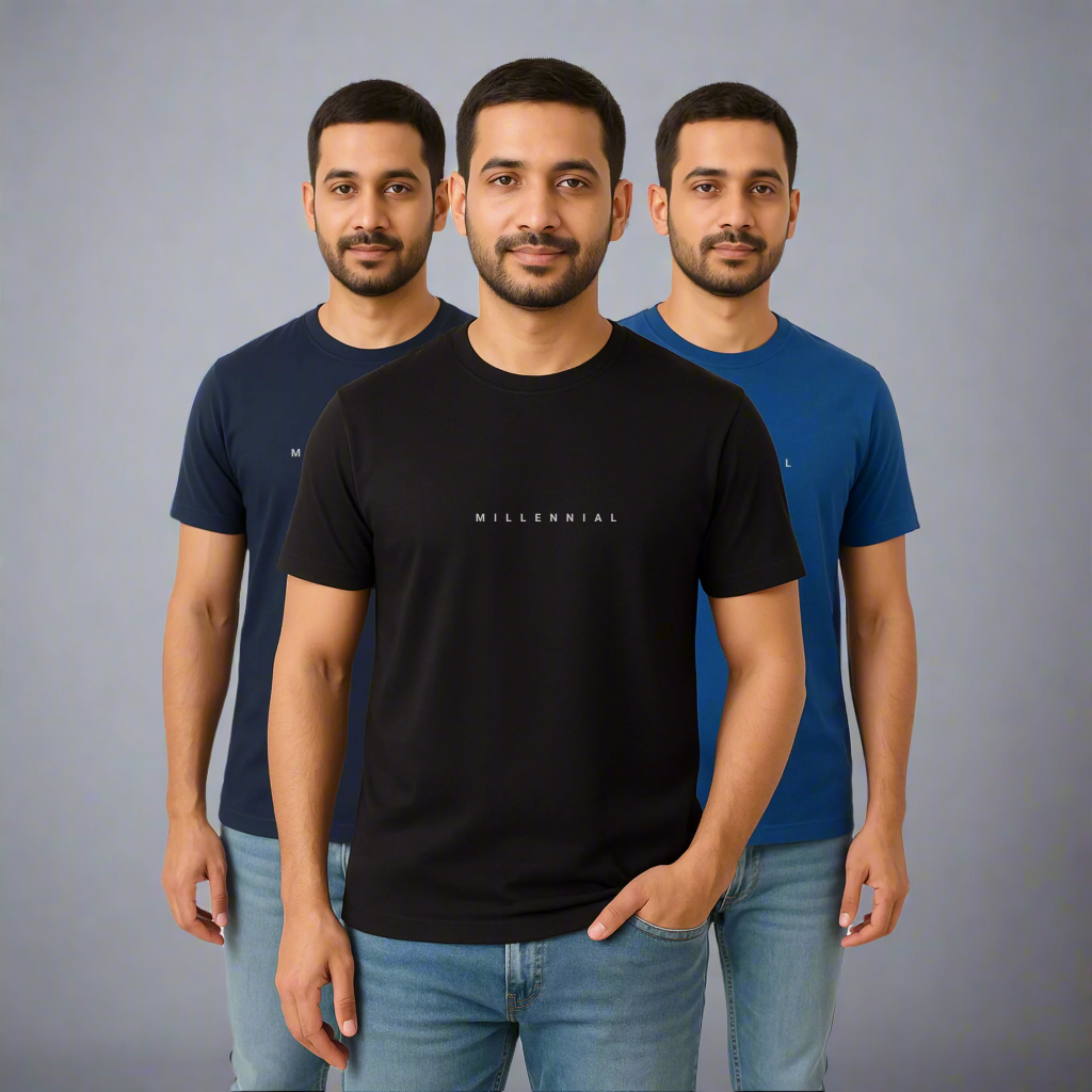 Millennial Tees Combo of 3 | Navy Blue, Black, Royal Blue